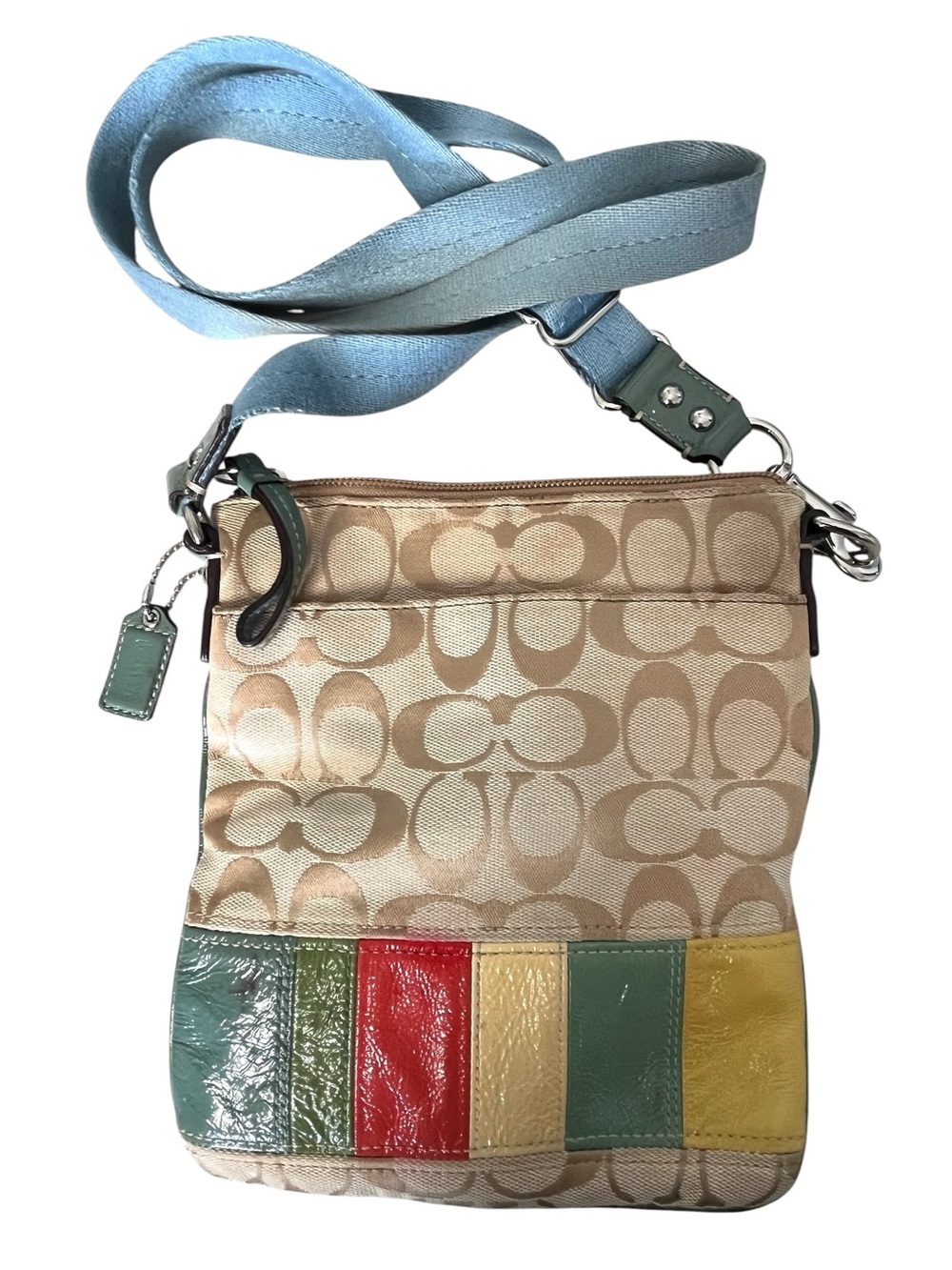 Coach Beige Signature Canvas Crossbody with Multicolor Stripe Trim